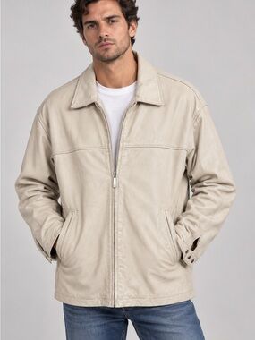 Cream Leather Zip Jacket